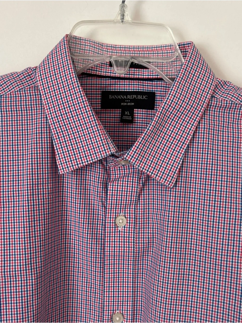 Banana Republic Men's Red and Blue Micro-Check Slim Non Iron Dress Shirt